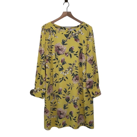 Loft Plus Yellow Floral Midi Shift Dress with Long Sleeves NWOT - Picture 3 of 9